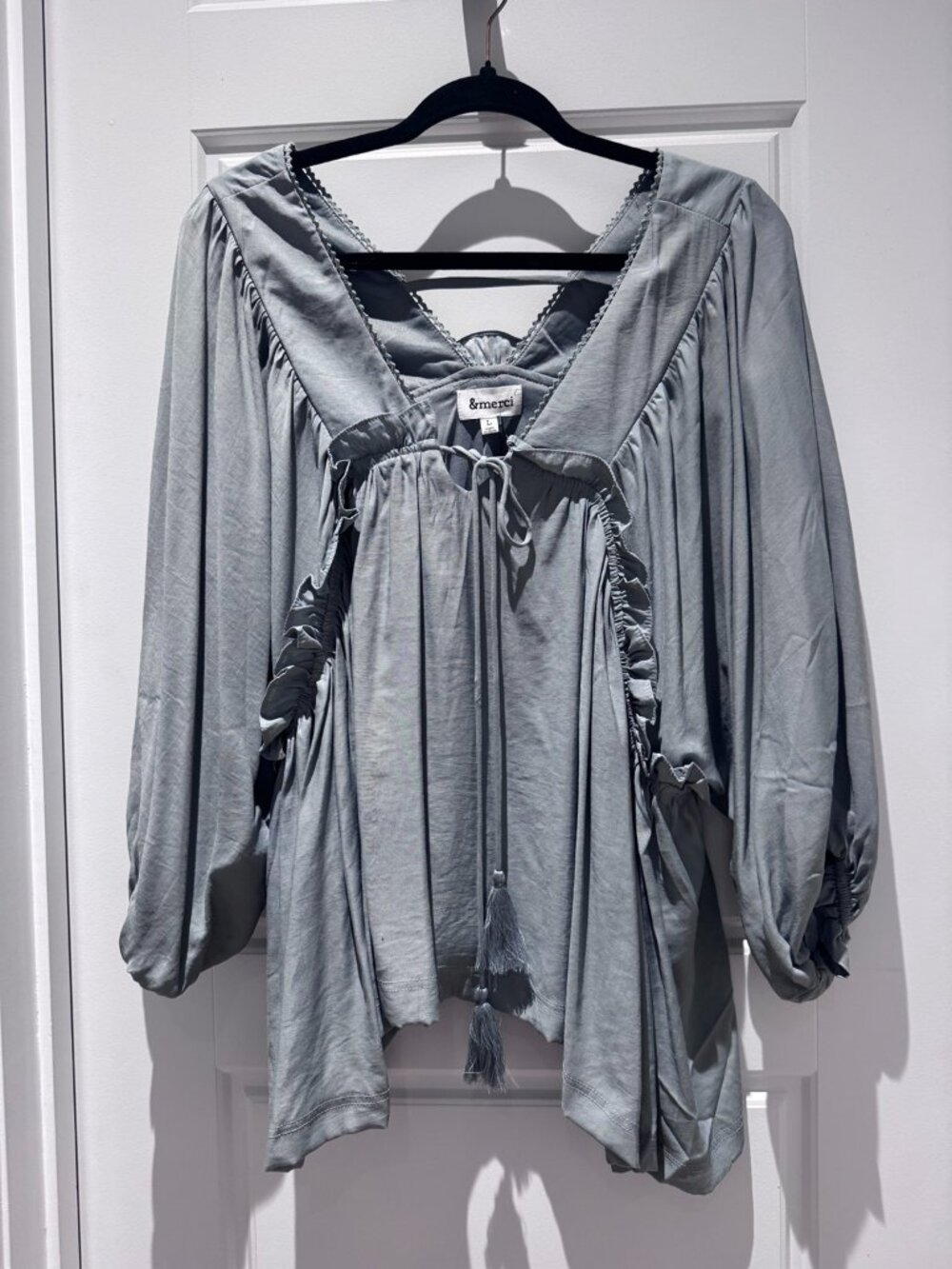 &merci Sage Blue Ruffle Boho Peasant Blouse Tassel Tie Top Large